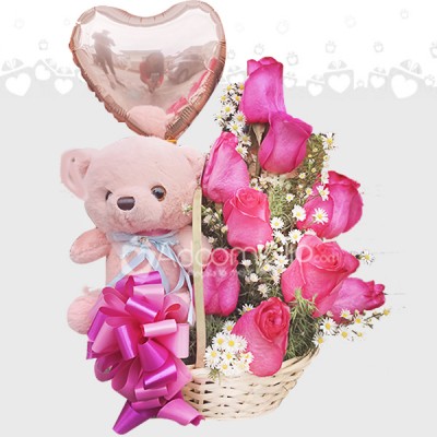 Canasta de Rosas con peluche y globo Regalo día de la mujer