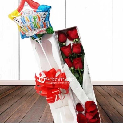 Flores Cali Caja x 6 Rosas con globo metalizado 