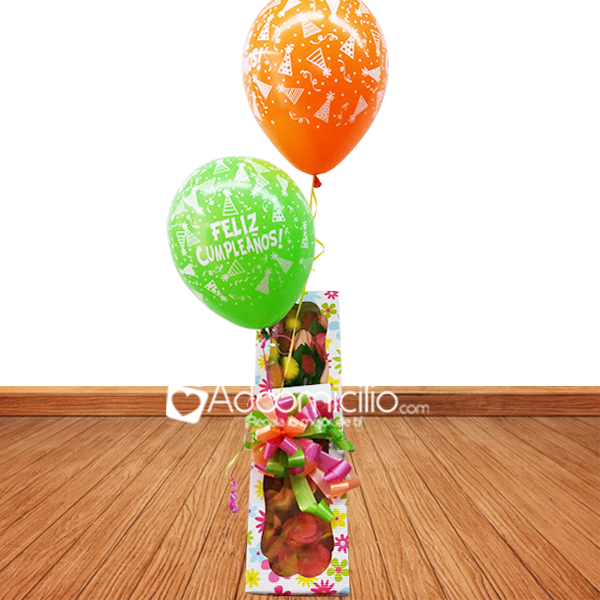 Ramos de flores Cali Caja x 12 rosas surtidas + 2 globos en helio