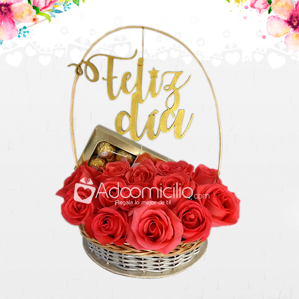Canasta Encantada Dia de la Mujer Canasta de Rosas con Chocolates Ferrero x 8 A Domicilio En Cali
