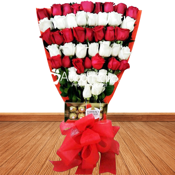 Floristeria para amor y amistad a domicilio en Cali Bouquet x 49 rosas y chocolates 